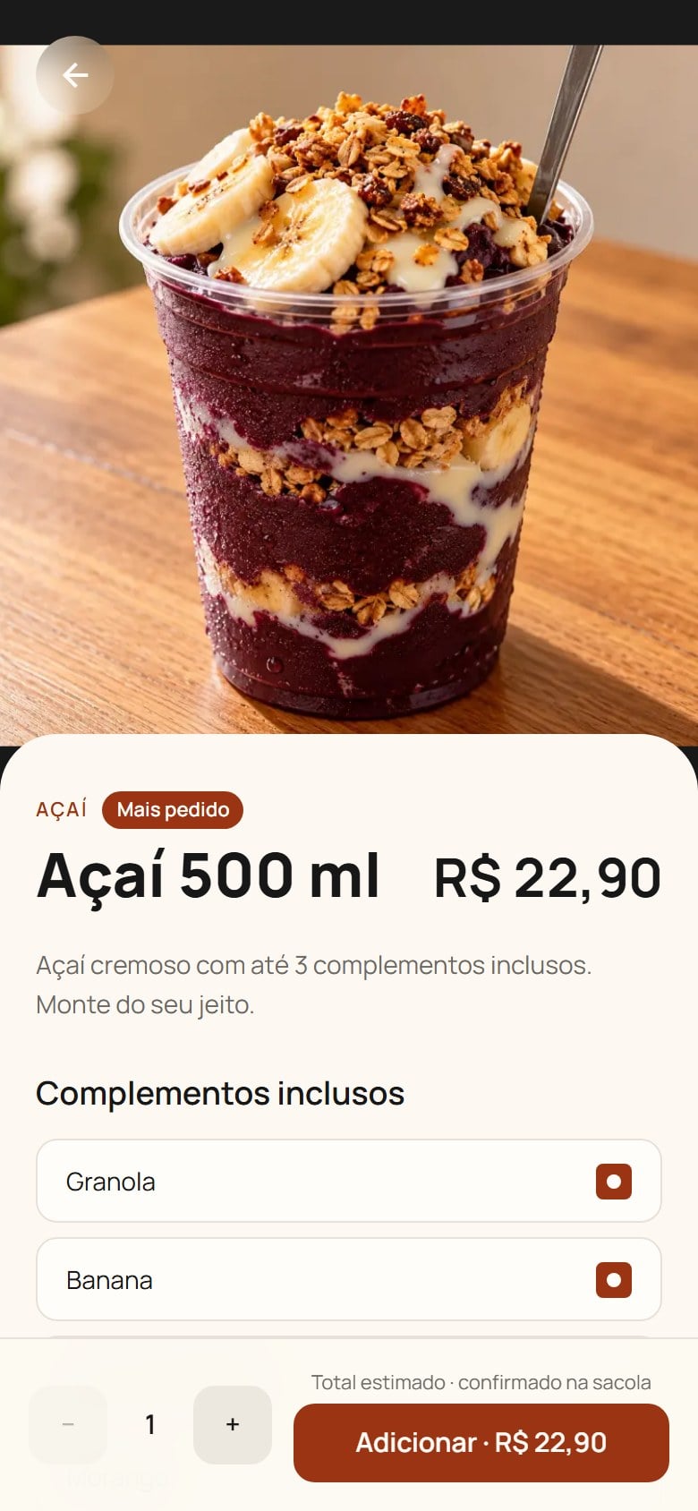 Tela do açaí no celular com a escolha de complementos, com mínimo e máximo de opções