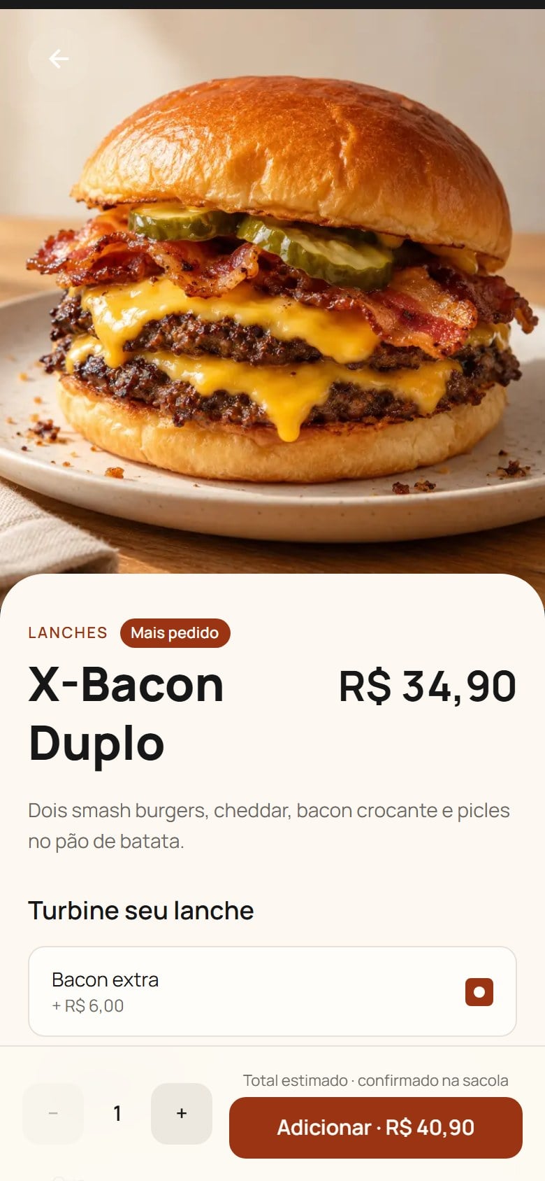 X-Bacon Duplo no celular, com foto, preço e adicionais pagos como bacon e cheddar extra