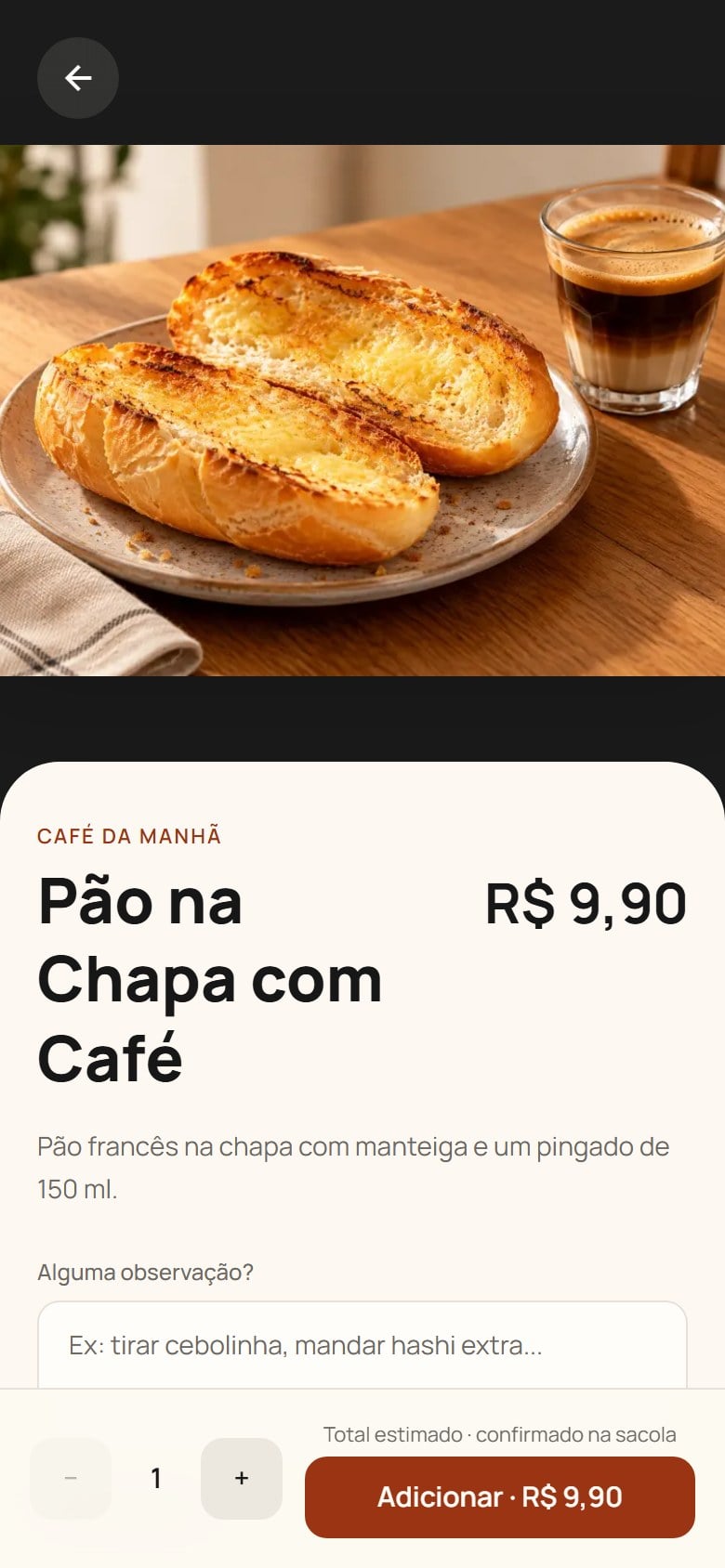 Pão na chapa com café no celular, com foto, descrição e preço