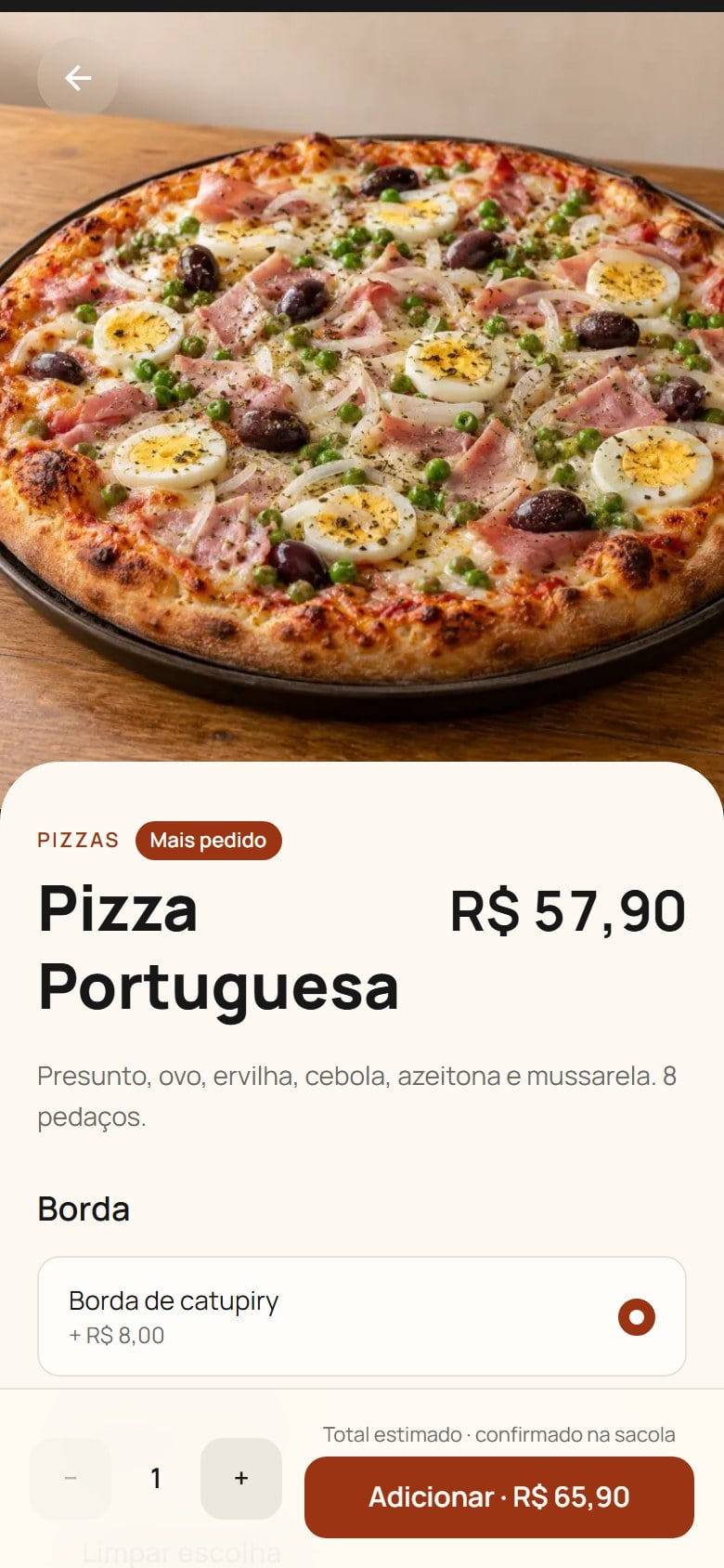 Pizza portuguesa no celular, com foto, descrição, preço e a escolha da borda