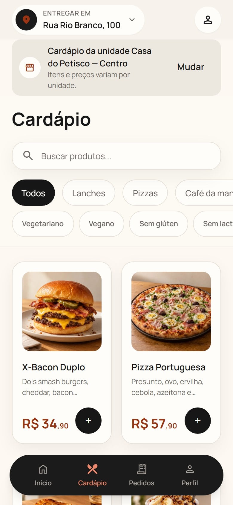 Lista do cardápio da Casa do Petisco no celular, com fotos, descrições e preços dos produtos